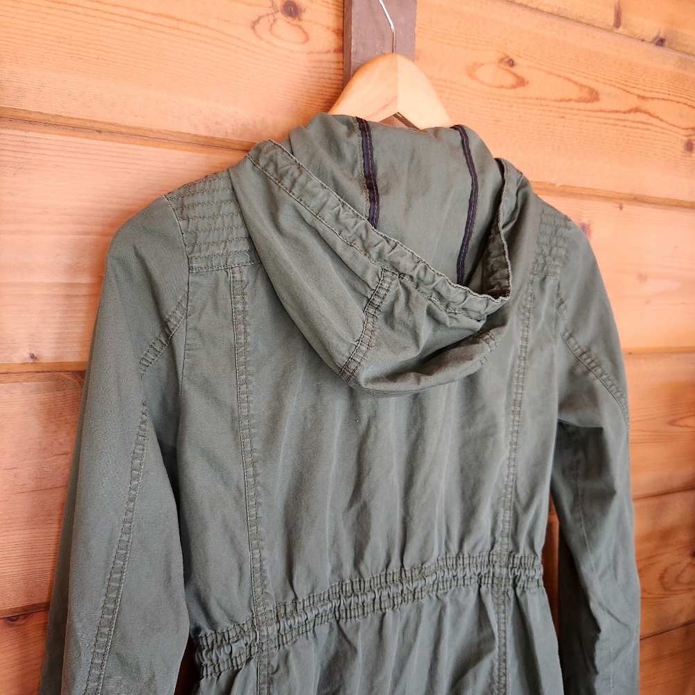 Black Rivet Hooded Military Utility Cargo Jacket Outdoor Green Stretch Zip Sz XS - Picture 9 of 10